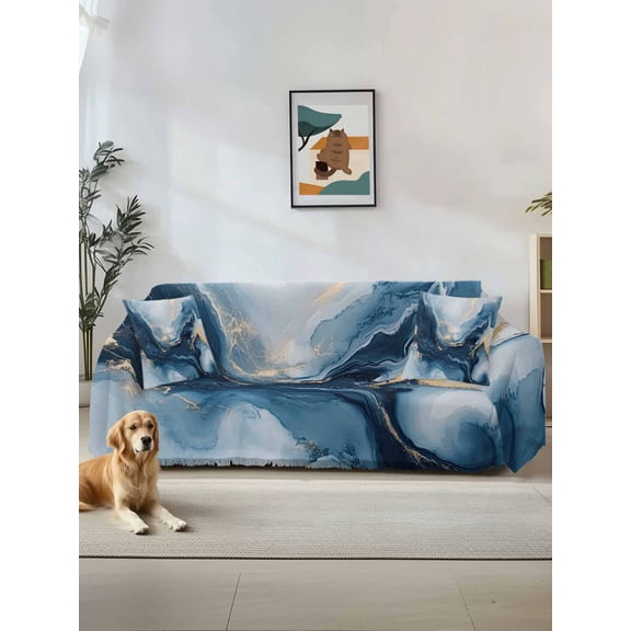Navy Blue Marble Couch Cover for 2 Cushion Sofa, Modern Abstract Ink Painting Washable Loveseat Sofa Covers Slipcover for Sectional Sofas L-Shaped, Couch Throw Cover 71"x118"