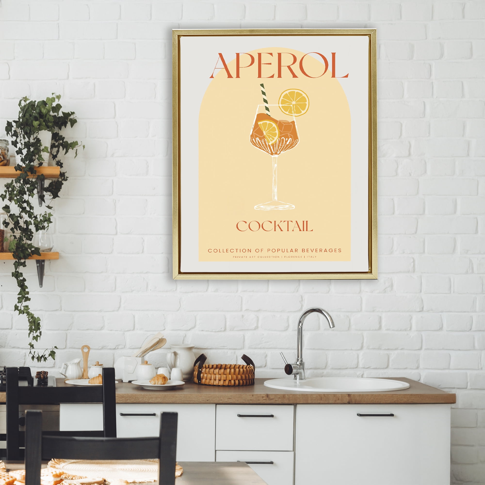 Stylish Retro Aperol Cocktail Gold Framed Floater Canvas Wall Art, design by Lil' Rue