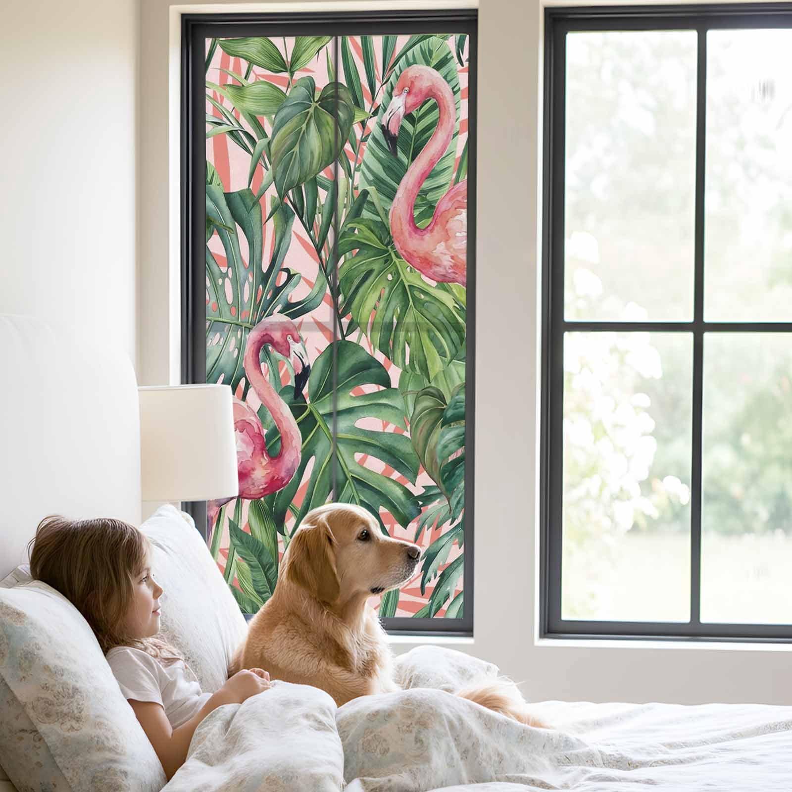 Pink Flamingo Window Privacy Film, Country Tropical Animal Green Monstera Leaf Plant Farm Frosted Glass Window Clings Static Cling UV Heat Blocking Reusable Door Sticker for Bathroom 23.6 x 59 Inch