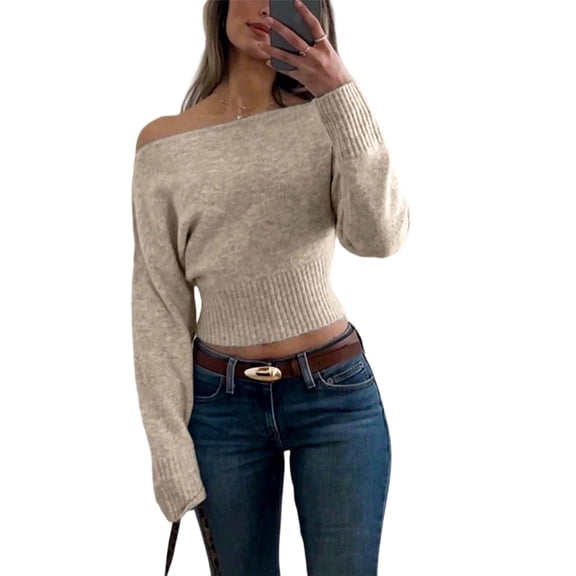 Women'S Cropped Sweaters Long Sleeve Off the Shoulder Sweater Y2k Going Out Tops Khaki L