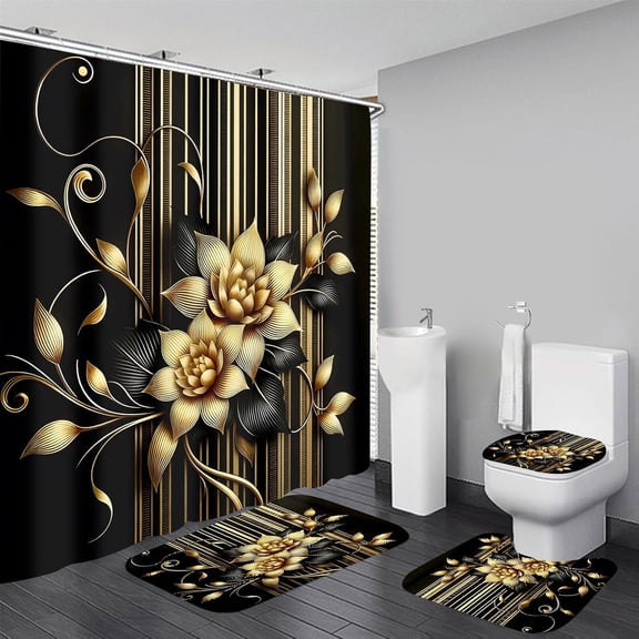 4pcs Shower Curtain Sets with Rugs Black Golden Flower Bathroom Decor Sets with Shower Curtain and Rugs and Accessories for Bathroom and Toilet