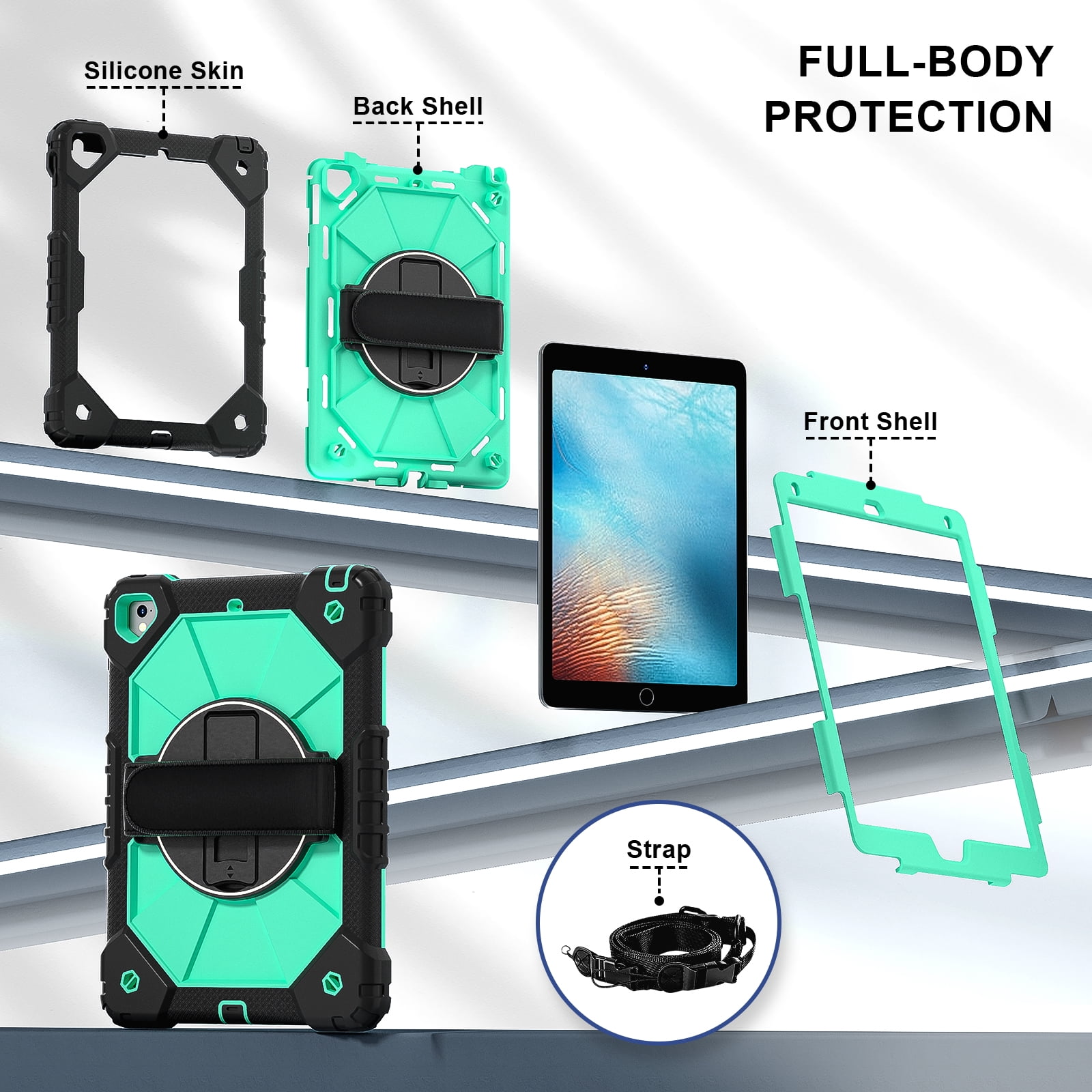 Shockproof Case for Apple iPad 6th 5th Generation 2018 2017 / iPad Air 2 9.7 Inch, Rotating Kickstand Pencil Holder Shoulder Strap Hand Strap Kids Friendly Bumper Cover, Mint
