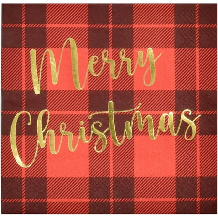 Gift Boutique - 100 Count Merry Christmas Buffalo Plaid Cocktail Beverage Napkins, Gold Foil Checked Disposable Paper, Xmas Dessert Napkins for Home Dinner Buffet, Tableware Party Supplies Decorations