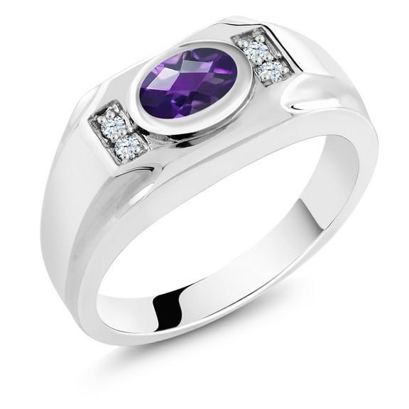 Gem Stone King Men's 925 Sterling Silver Purple Amethyst and White Created Sapphire Ring (1.16 Cttw, Gemstone February Birthstone, Oval Checkerboard 8X6MM,, Size 7)