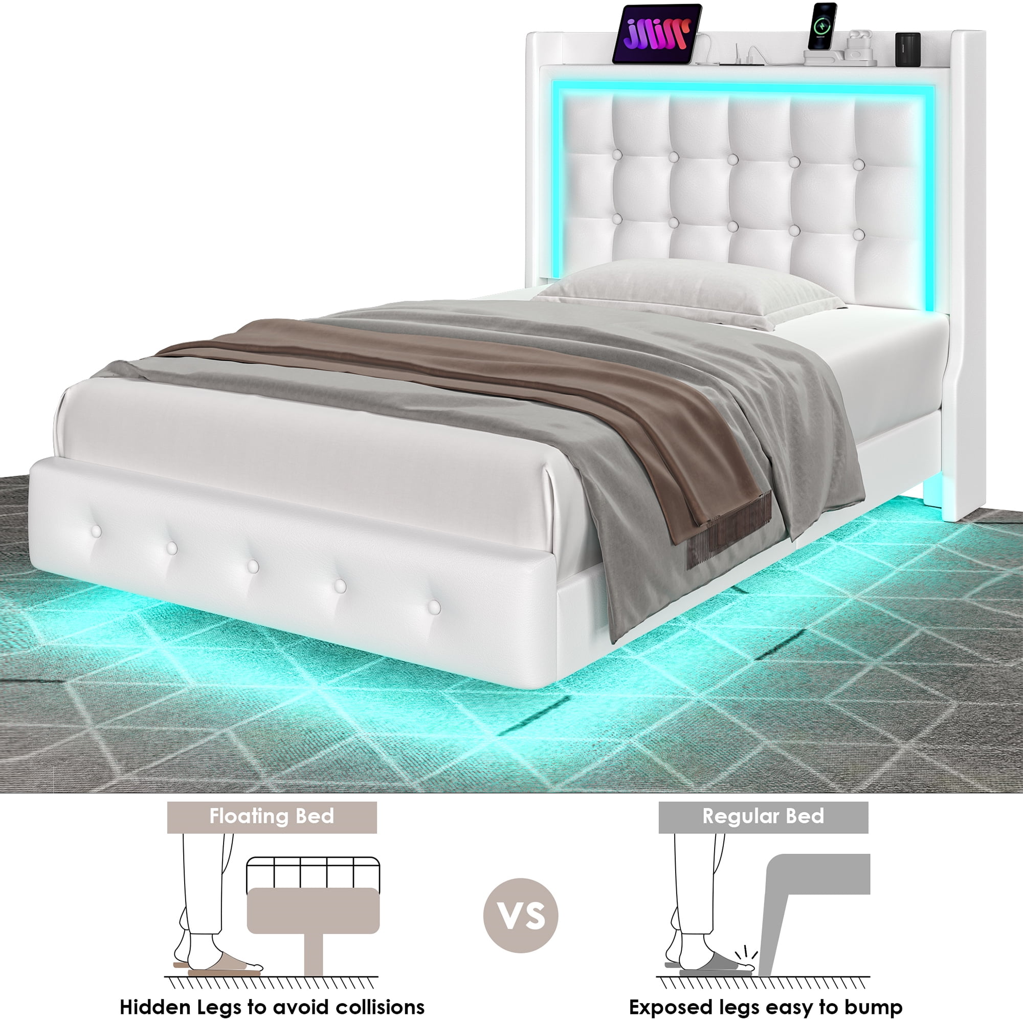 Homfa Twin Size Floating Bed with LED Lights Charging Station, Modern PU Upholstered Platform Bed with Storage Headboard, White