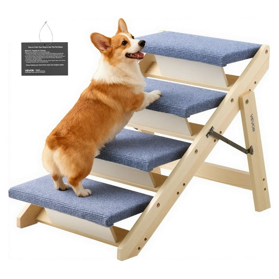 VEVOR Wood Pet Stairs, 4-Step Dog Stairs for Beds, Sofa & Cars, 110lbs Load Capacity, Floded Flat Design, Stable & Sturdy Cat & Dog Step Ladder for Small Medium Large Older Pet Puppy Essentials