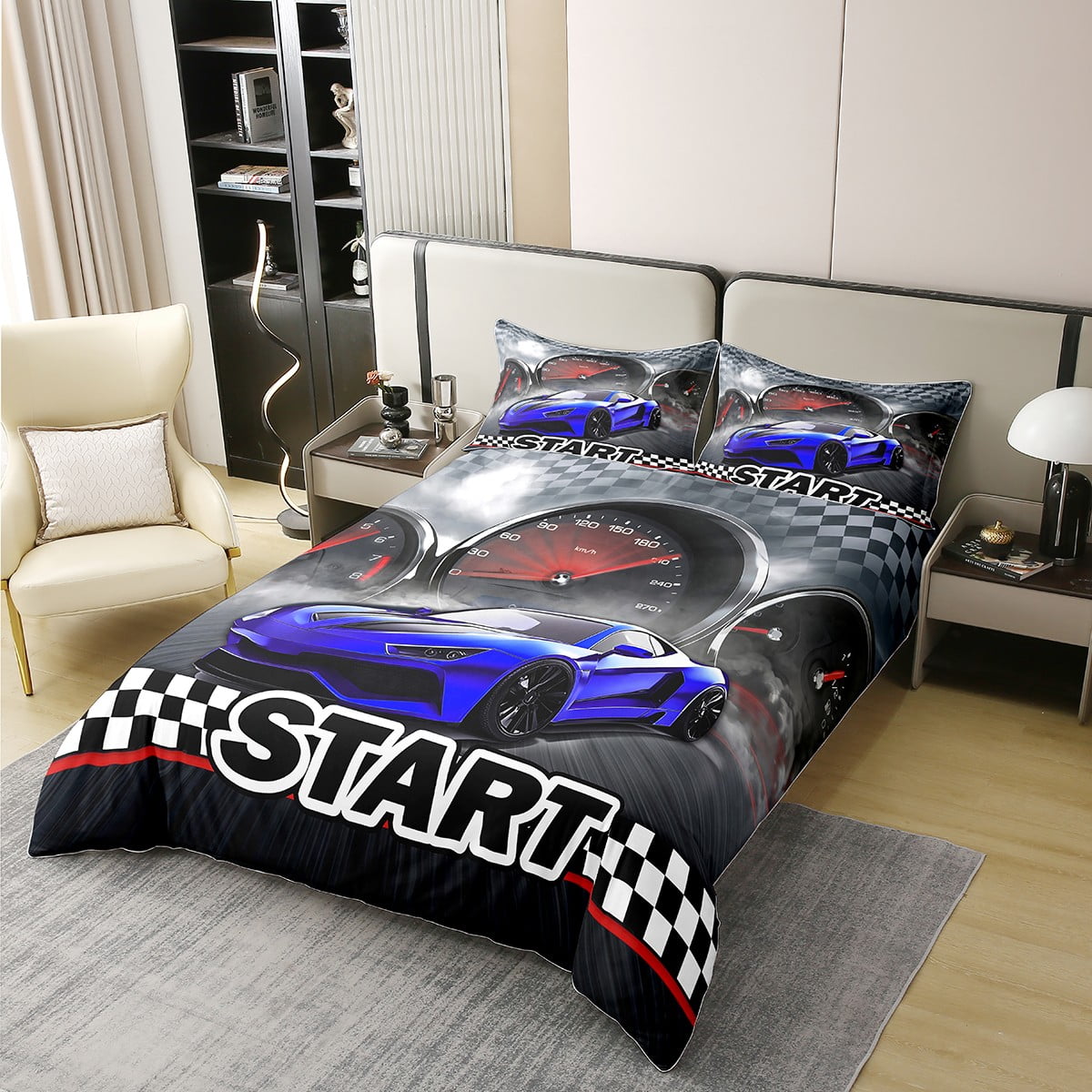 Erosebridal Race Car Bedding Set Cool Sports Car Bedding Queen Size Man Extreme Sports Duvet Cover Blue Racing Car Print Black and White Grids Decor Comforter Cover 3 Pcs