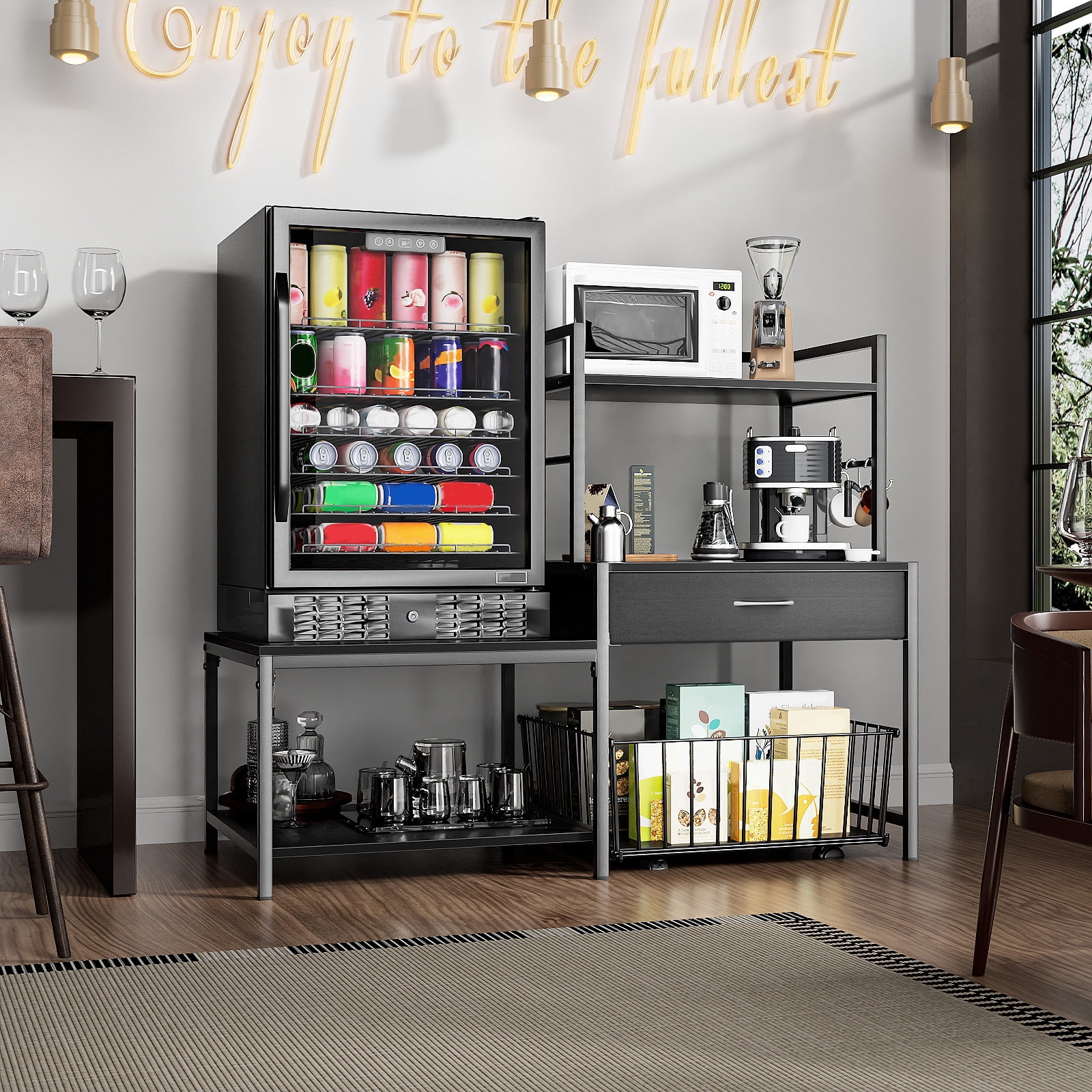 ModFurne Mini Fridge Stand with Storage, Mini Refrigerator Stand with Power Outlet, Wine Fridge Table with Movable Storage Basket for Dorm Home Use (Black)