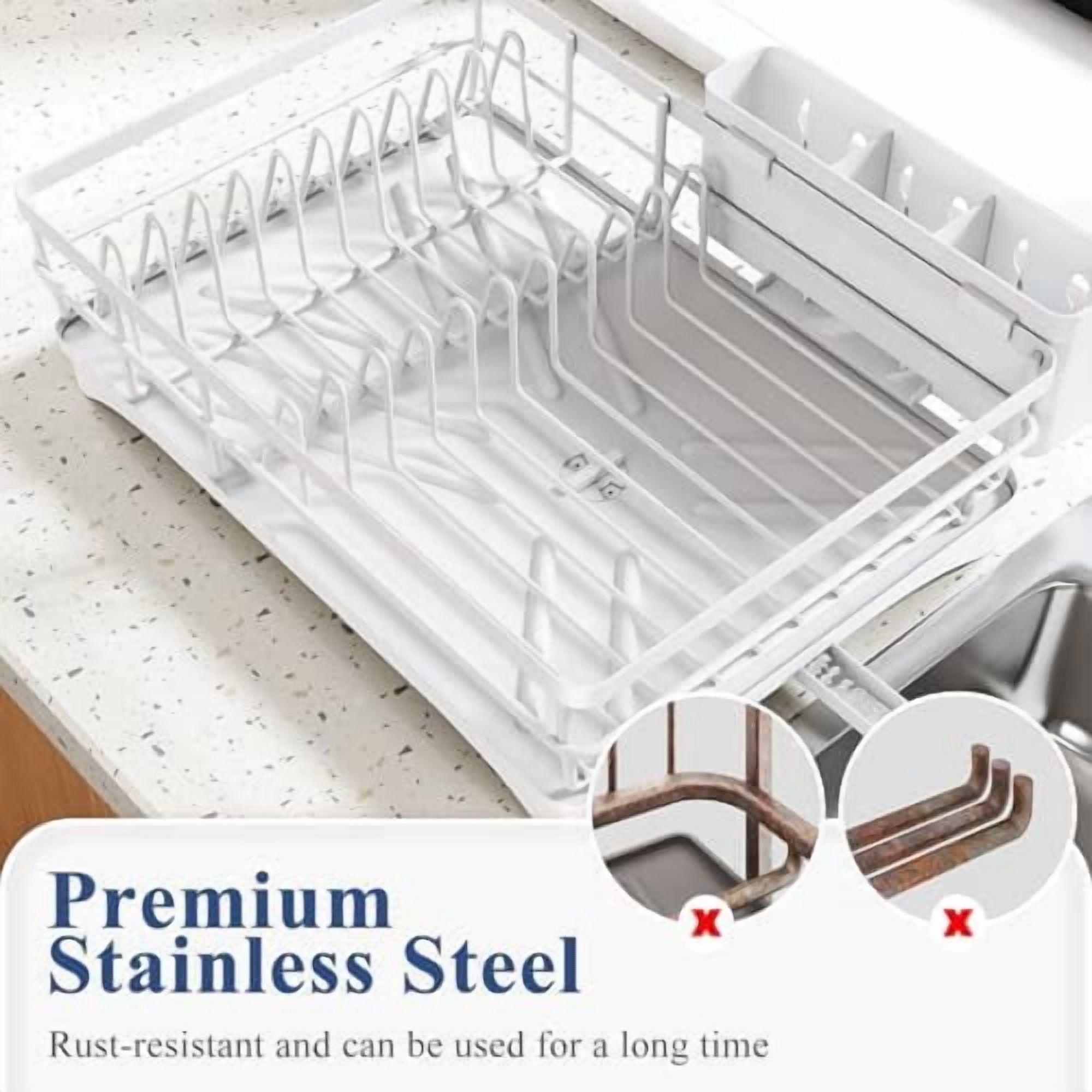 Dish Drying Rack for Kitchen Counter - Large Dish Rack with Drainboard, Rustproof Dish Drainer with Utensil Holder for Sink, White