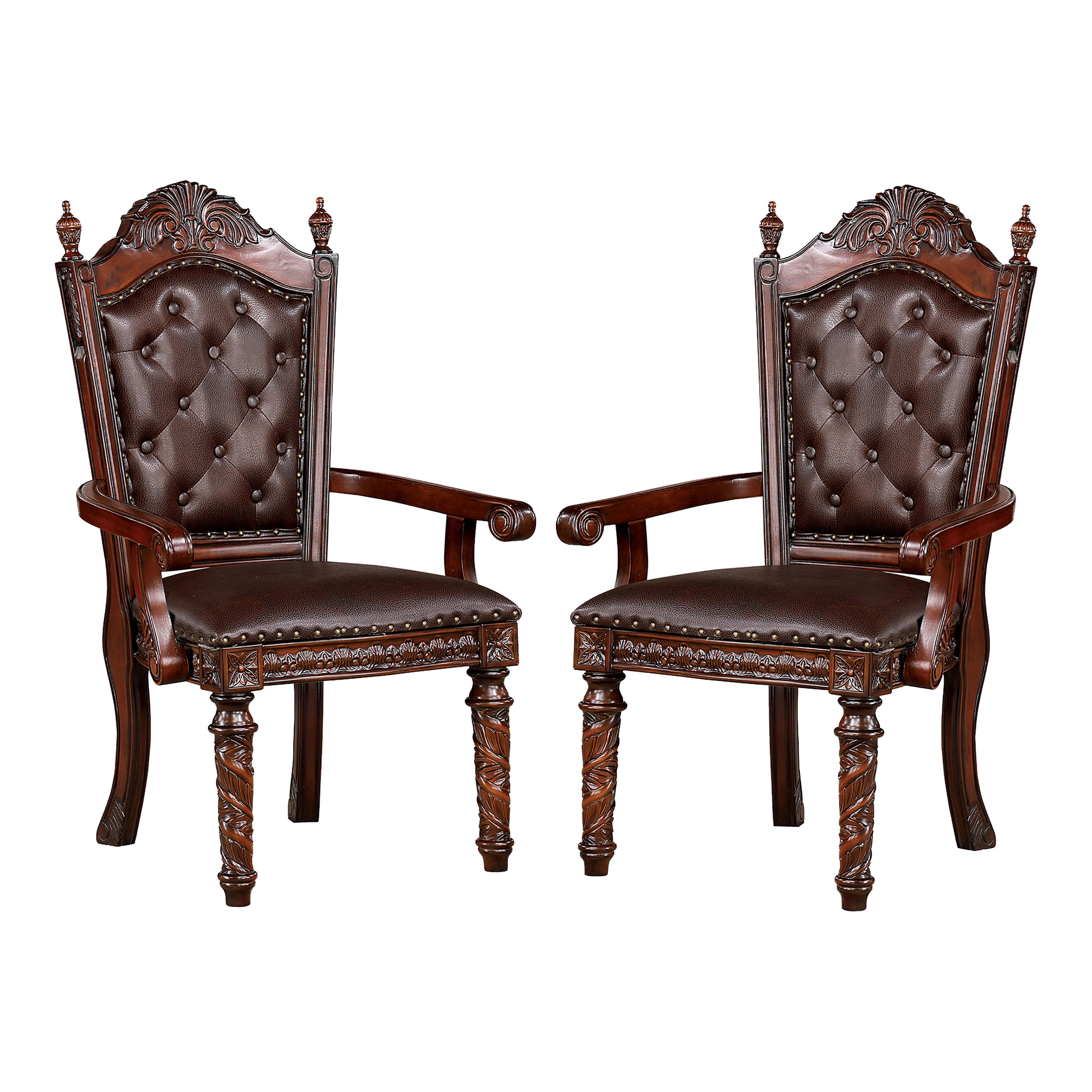 Furniture of America Rukia Tufted Indoor Faux Leather and Wood Brown Cherry Arm Chairs (Set of 2)