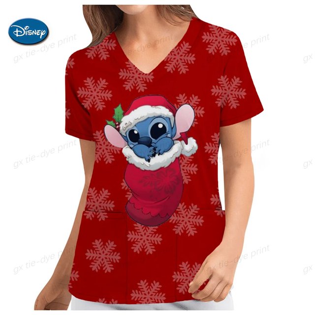 Disney-uniforme de enfermera de manga corta con cuello en V y bolsillo para mujer, monos informales, camiseta, Top de cuidado