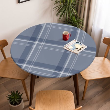 Round Fitted Tablecloth with Elastic Edge Navy Blue Plaid Minimalist Fitted Table Cloth for Round Tables 45-54in Nautical Tartan Checkered Waterproof Tablecloth for Outdoor Picnic Party