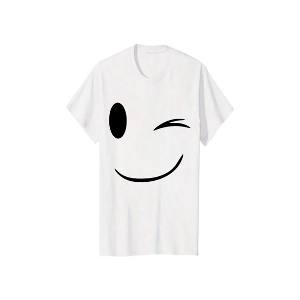 Camiseta unisex con emoji de guiño divertido, camiseta con gráfico de cara sonriente, cómoda camiseta de manga corta de algodón, un bonito atuendo informal esencial en blanco, L