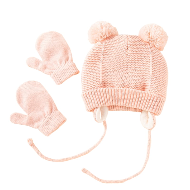 Toddler Baby Girls HAT & MITTENS SET Super Soft PINK KITTY CAT Cute ONE SIZE 