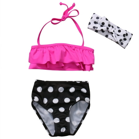 

3Pcs Toddler Kids Baby Girls Swimsuit Swimwear Bathing Suit Tankini Halter Dots Bikini Set Rose Red