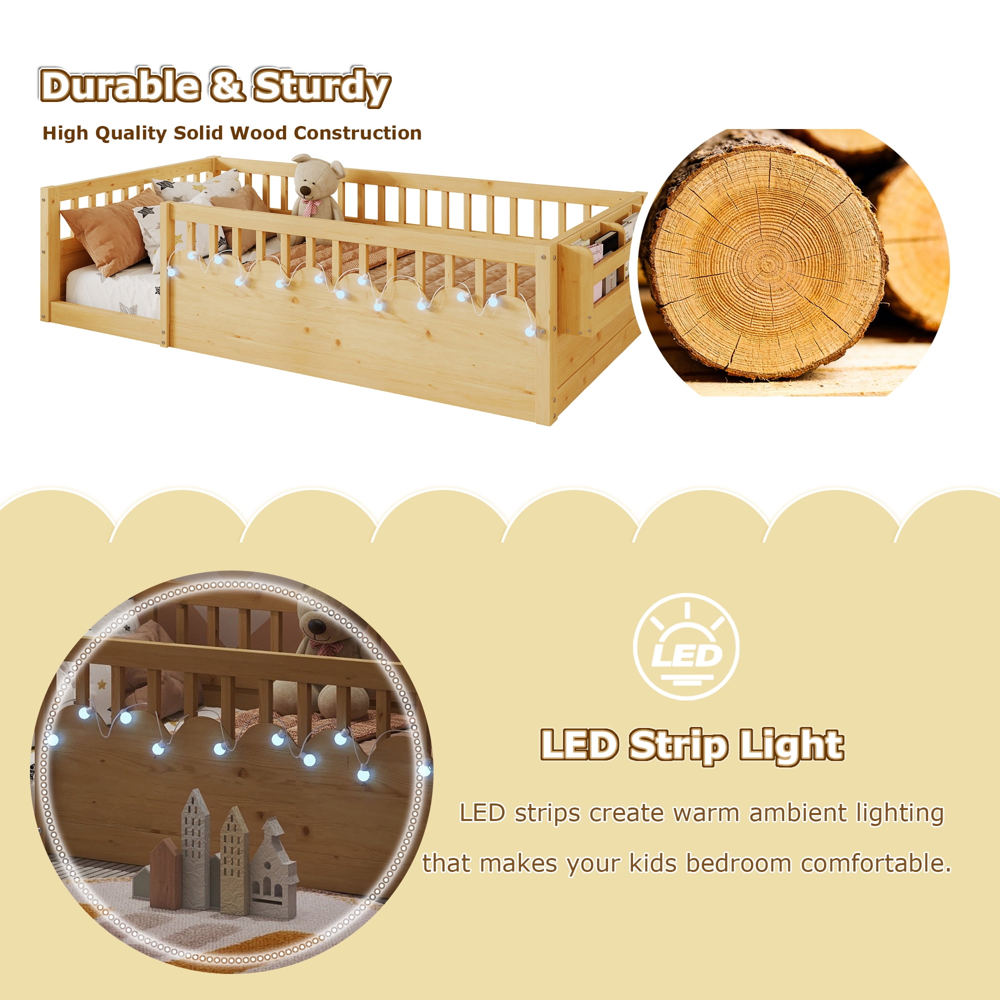Twin Size Toddler Floor Bed Frame, Montessori Floor Bed with Guardrails, Pine Wood Bed Frame for Kids, No Slats Included, Natural
