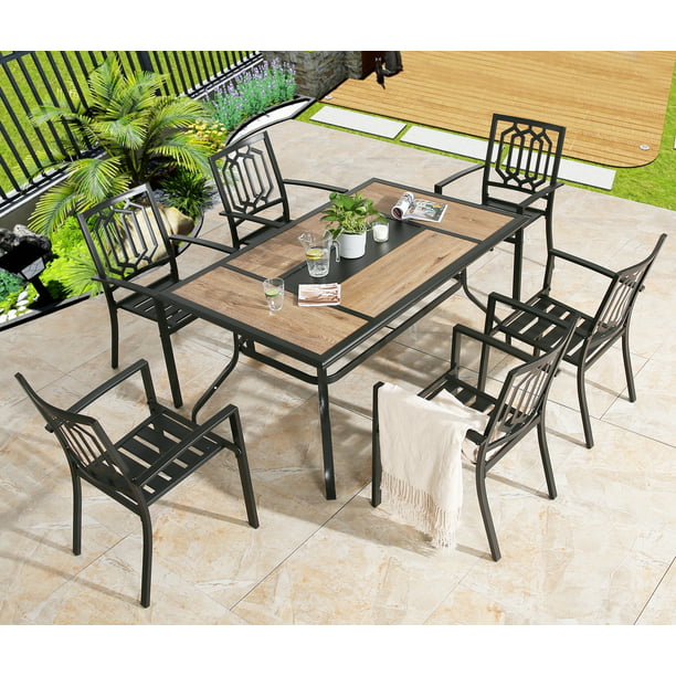 Ulax Furniture Outdoor 7 Piece Dining Set Patio 6 Steel Chairs And 1 Rectangular Garden Table With Umbrella Hole Com - Patio Dining Sets For 6 With Umbrella Hole