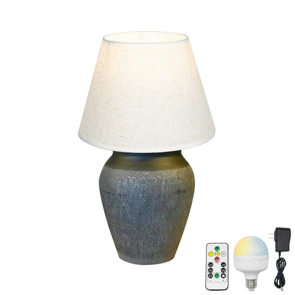 FSLiving Rustic Terracotta Ceramic Pot Table Lamp Rechargeable Battery Operated RGB Bulb by Remote, Wireless 15 Color Temperature Beige Cone Fabric Shade, Gray Undertones End Tables and Nightstand