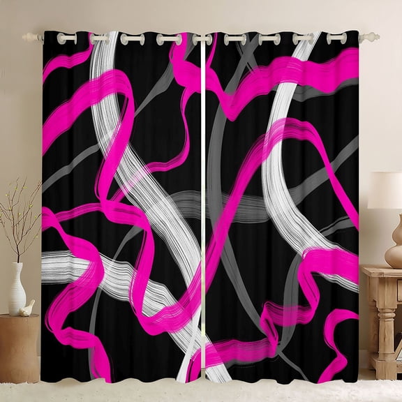 Manfei Abstract Brushstroke Kitchen Curtains, Pink White Gray Black Out Curtains Pack of 2 (42x63 Each)