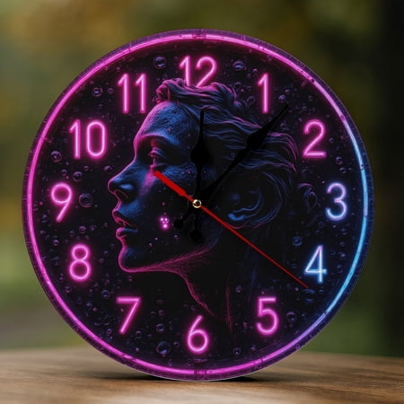 Wall Clock Decorative - Retro Neon Portrait Print 2D Vintage Wall Clocks Battery Operated Silent Non-Ticking for Bedroom, Living Room, Kitchen, Office, Classroom, 10 Inch