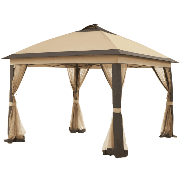 Topeakmart 11x11ft Pop-up Gazebo with 4 Mesh Walls, Solar LED Lights for Outdoor, Khaki/Brown