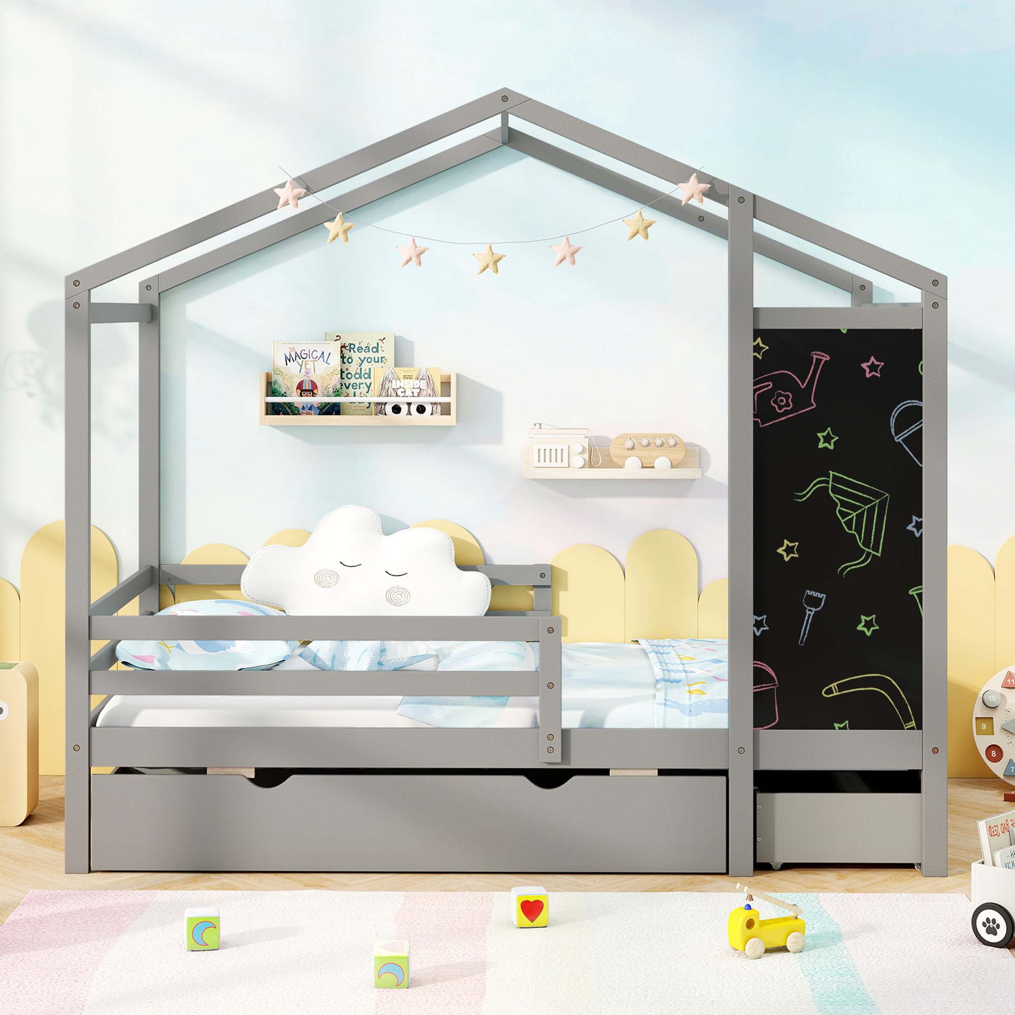 Costway Twin House Bed with 2 Storage Drawers Solid Wood Platform Bed with Blackboard Gray