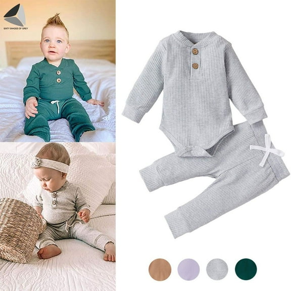 PULLIMORE Newborn Baby Boys Girls Ribbed Clothes 2 PCS Long Sleeve Romper Pants Infant Jumpsuit (Gray, 12-18 Months)