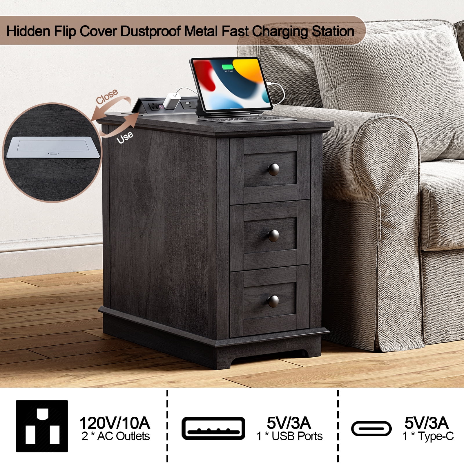 FAGAGA End Table with 3 Drawers for Living Room,Nightstand Sofa Side Table with Charging Station,Black