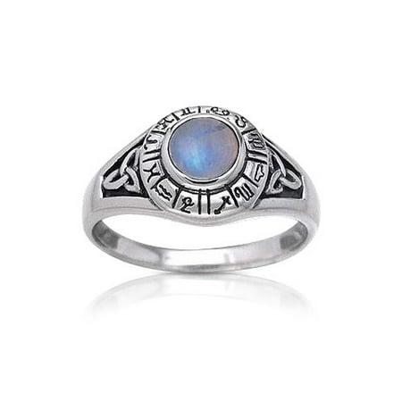 - Zodiac Wheel Astrological Symbols Sterling Silver Celtic Knot and Rainbow Moonstone Ring