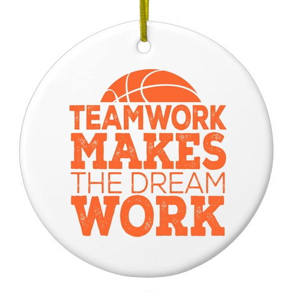 DistinctInk Hanging Ceramic Christmass Tree Ornament with Gold String - Great Gift / Present - 2 3/4 inch diameter - Teamwork Makes the Dream Work Basketball