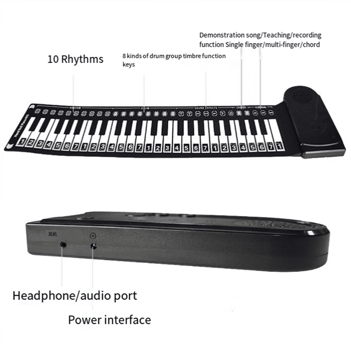 49-Key Hand-Rolled Piano with Speaker Portable Folding Children'S Piano Beginner Piano Teaching Instrument Silver