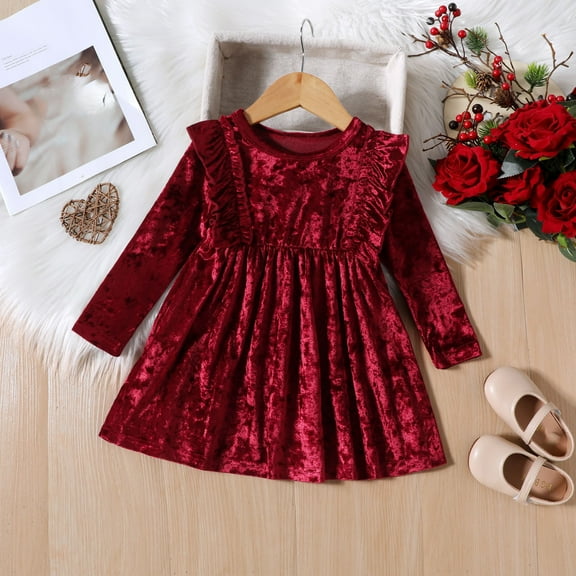 Velvet-Dresses for Girls 9M-4Y Toddlers Kids Trendy Ruffle Long Sleeve Crewneck Solid Color Pleated A-Line Cute Peplum Babydoll Dress