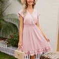 thumbnail image 4 of Sakmal V-Neck Sundresses for Women 2024 Pink Mid-Length Short Sleeve Ruffle Solid Basic A-Line Dress, 4 of 7