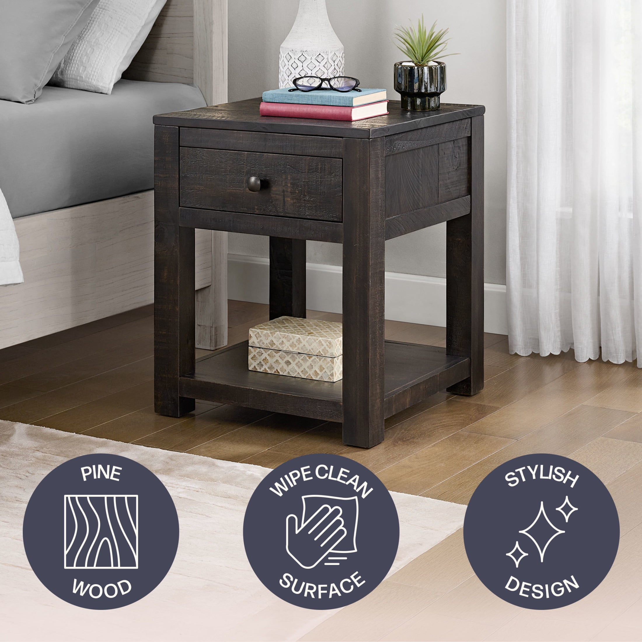 Alaterre Furniture Durham Living Room Side Table - 20in End Table with Drawer and Shelf, Dark Brown