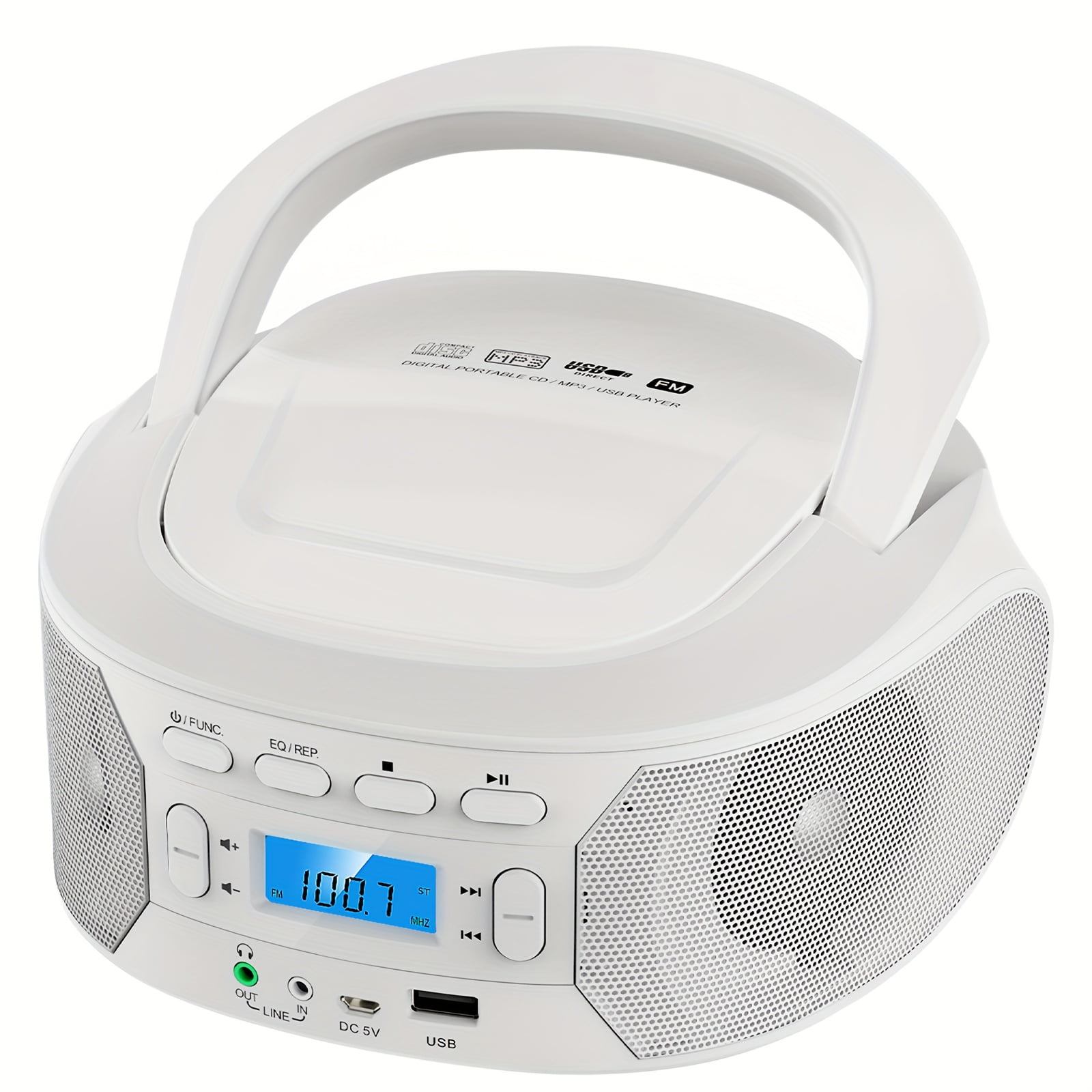 Portable CD Player Boombox with BT, FM Radio with CD Player Combo, CD Boombox with AUX/USB Playback and Earphone Jack. CD Players for Home with Stereo Speakers, Battery or AC Powered.