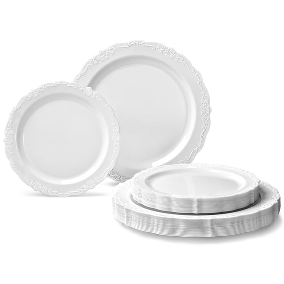 " OCCASIONS " 50 Plates Pack (25 Guests)-Vintage Wedding Party Disposable Plastic Plate Set -25 x 10'' Dinner   25 x 7.5'' Salad/Dessert plates (Verona Plain White)