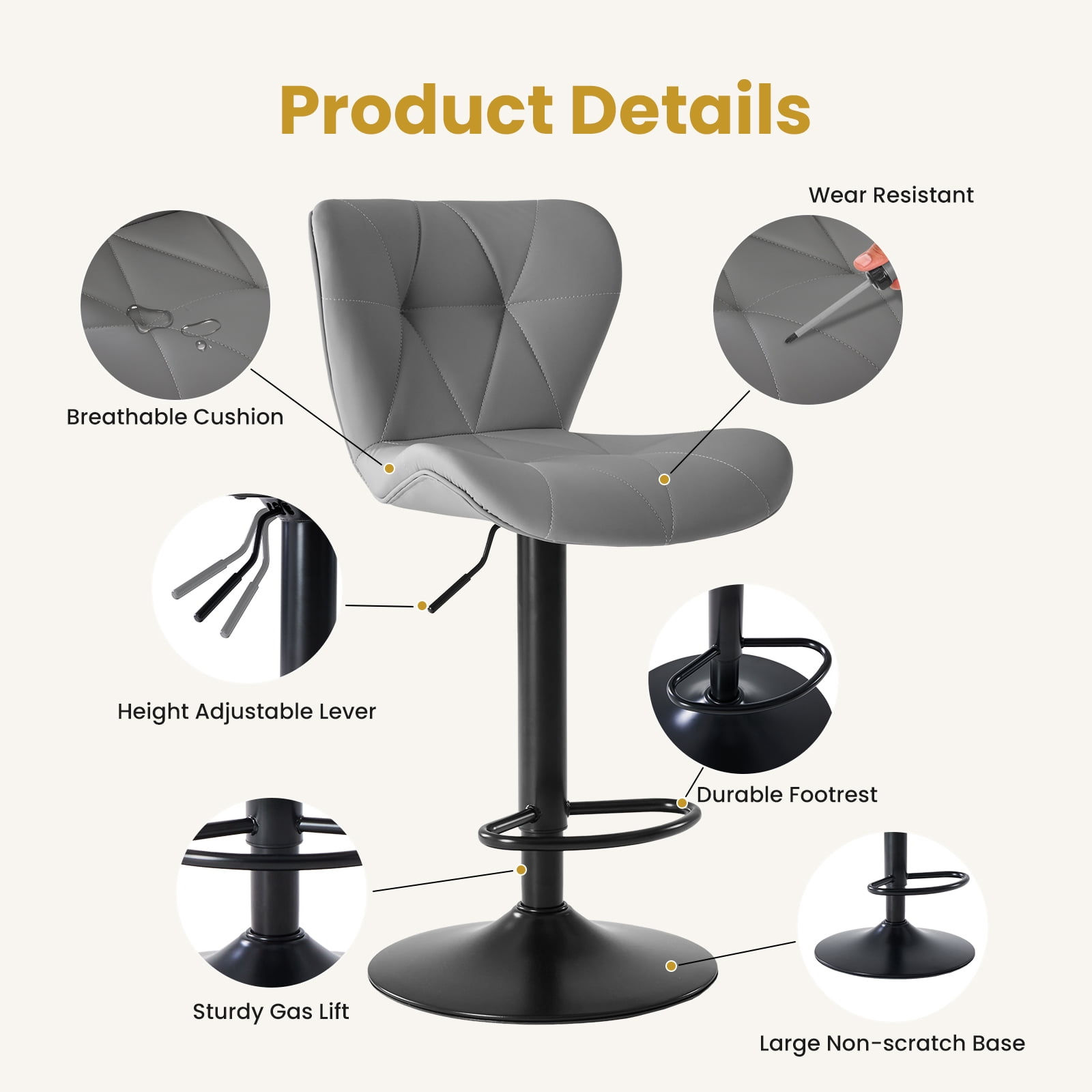 Swivel Bar Stools Set of 2 Adjustable Counter Stools Bar Chairs, Faux Leather High Back Barstools for Kitchen Island, Grey