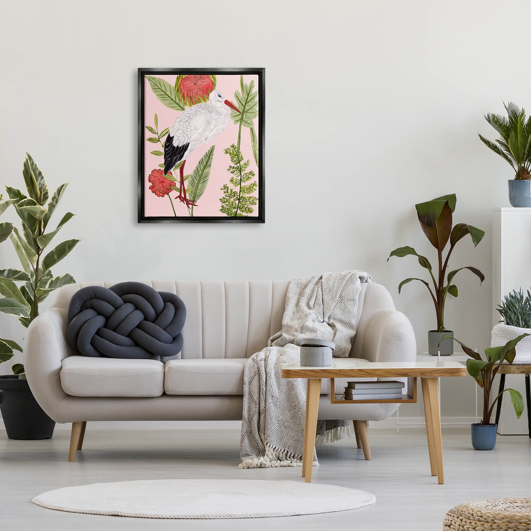 Stupell Industries Pink Varied Botanical Bird Graphic Art Jet Black Floating Framed Canvas Print Wall Art, Design by Melissa Wang