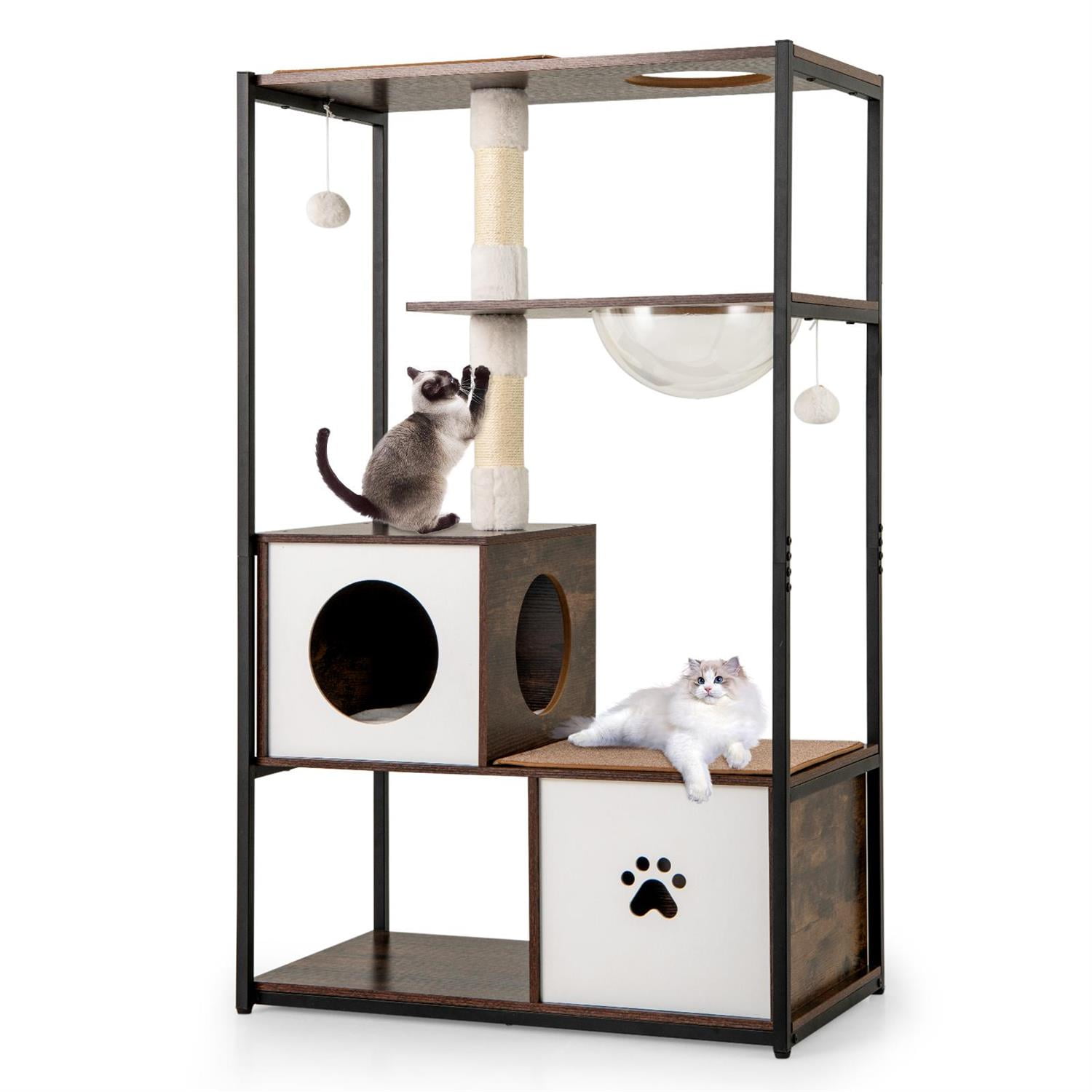 Pefilos 52" Tall Wooden Cat Tree, Metal Frame & 2 Condos, Clear Capsule & Sisal Posts, Coffee (Brown)