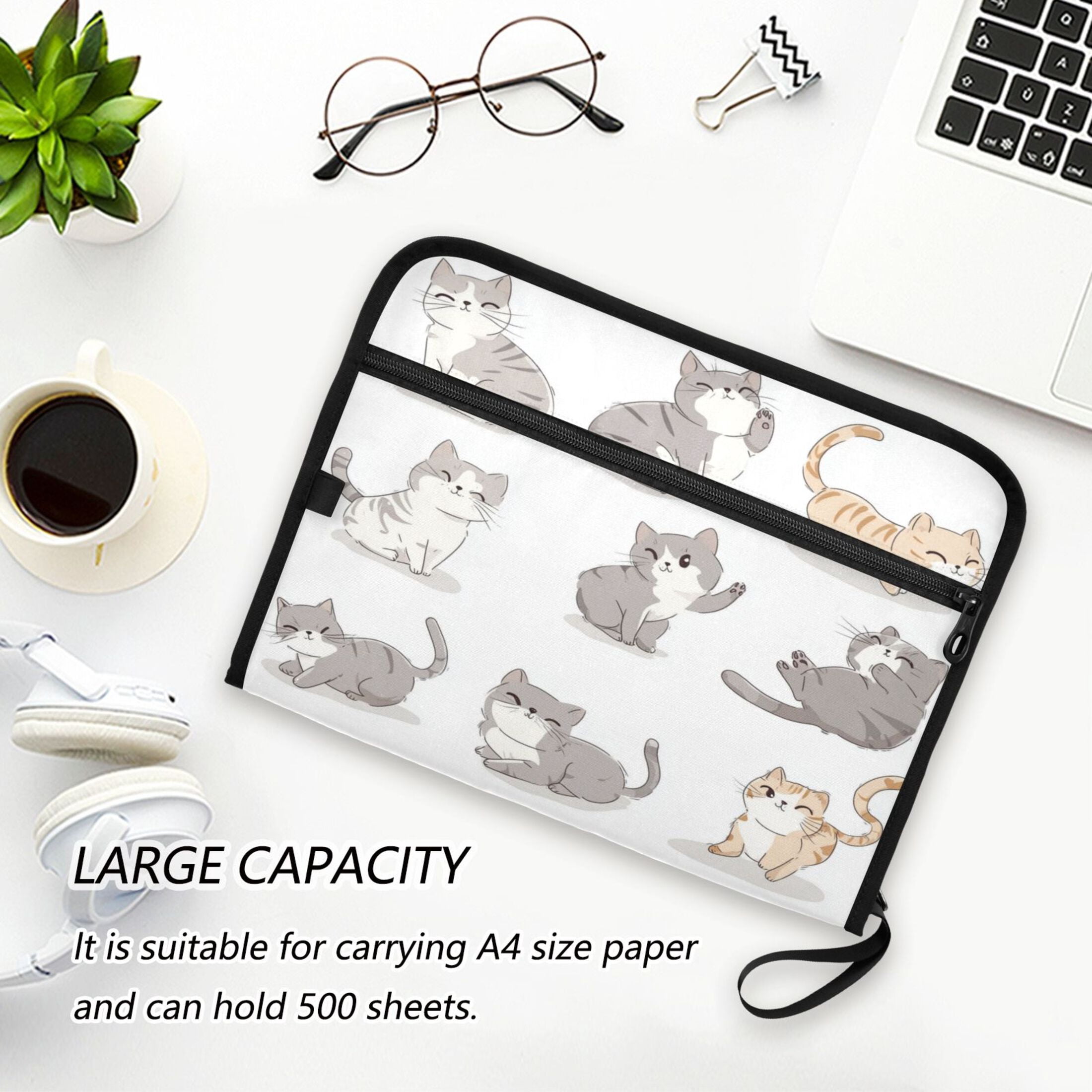 Accordion File Organizer with Zip Closure 13 Pockets Expanding File Folder Letter A4 Paper Document Organizer for Home Office Cute Cat Characters