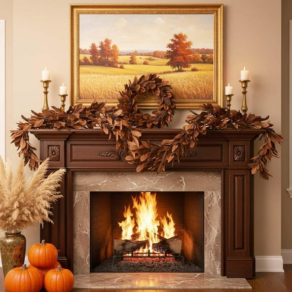 6FT Brown Retro Style Magnolia Leaf Garland, Real Touch Artificial Garlands with Pinecones, Faux Garland for Christmas Decoration, Perfect Fall Decor for Stair, Fireplace, Home, Porch & Mantal