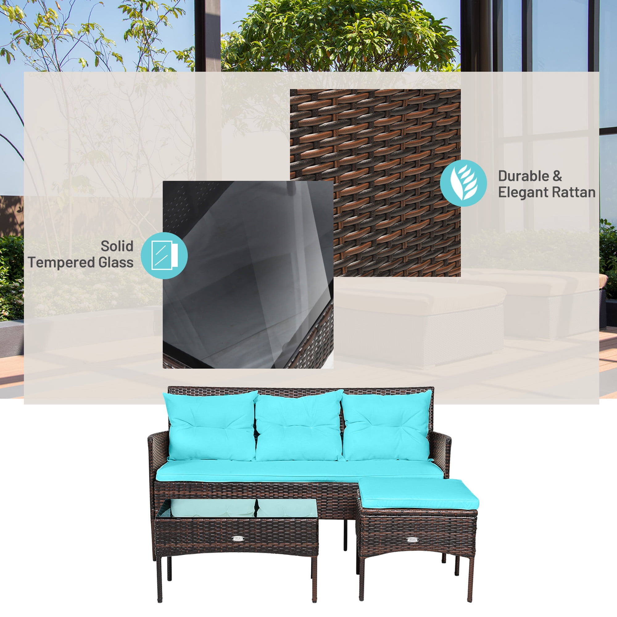 Gymax 3PCS Patio Rattan Sectional Conversation Furniture Set w/ Turqouise Cushions