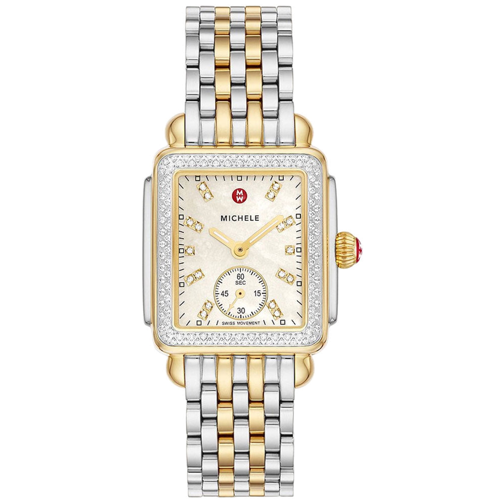 Michele Deco Mid Two-Tone Steel Diamond Mother of Pearl Dial Rectangle Womens Watch MWW06V000123