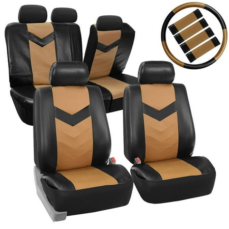 Side Split Full Leather FH Group Synthetic Leather Auto Accessory Full Set with Steering Wheel Cover and Seatbelt Pads, Side Airbag Compatible with Split Bench Function, Tan and Black ()