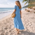 thumbnail image 6 of Women's Linen Cotton Blend Dress with Three Quarter Sleeves Pleated Solid, 6 of 9
