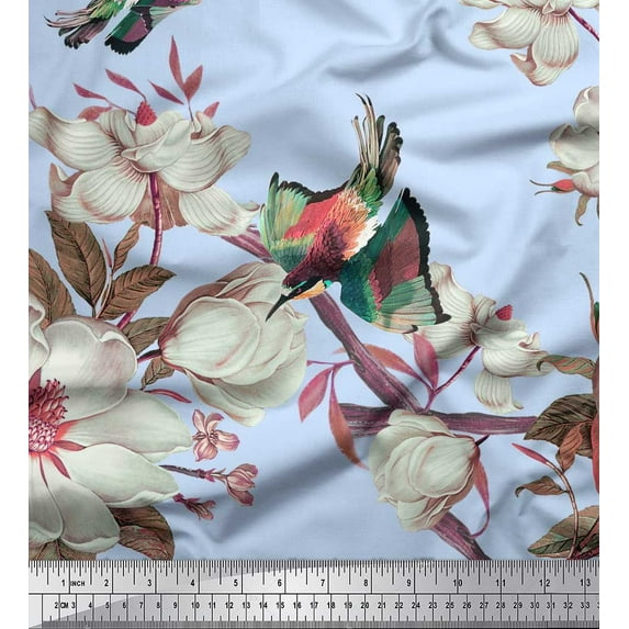 Soimoi Blue Rayon Fabric Floral & Bird Printed Craft Fabric by the Yard 42 Inch Wide