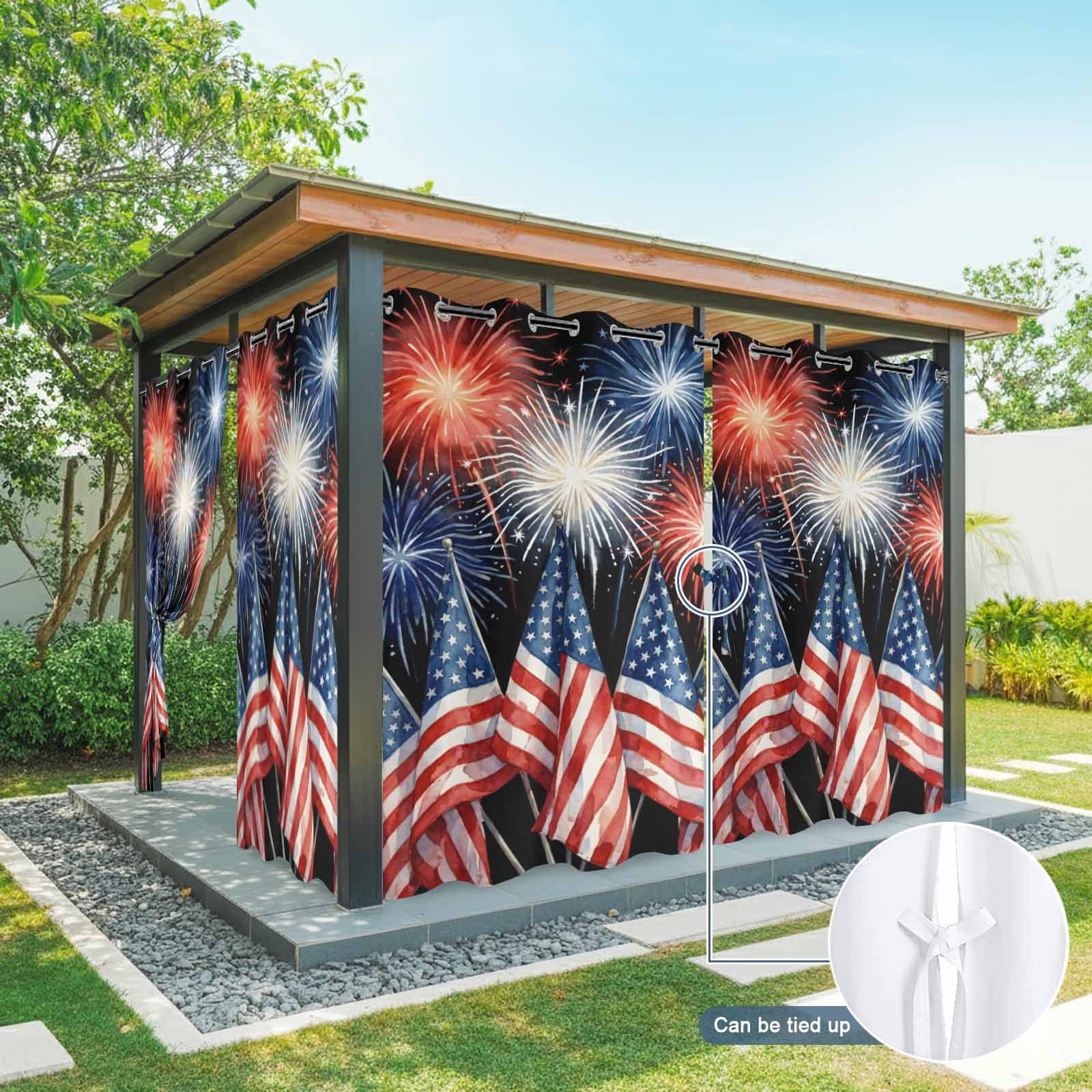 Independence Day Outdoor Curtains for Patio, American Flag Fireworks Starry Sky Abstract Watercolor Sunshade Privacy Drapes Grommet Waterproof Outside Curtains for Porch Balcony 54"x95", 2 Panel