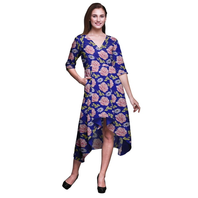 Bimba Robe Mi-Longue Classique en Coton Bleu à Imprimé Floral Oeillet et Marguerite à Manches Courtes avec Poches, Coupe Droite Asymétrique - Moyen