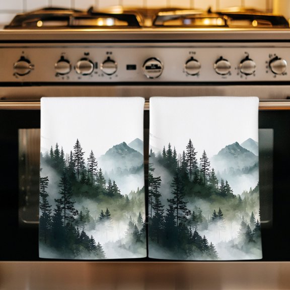 Green Black Mountain Kitchen Towels Set of 1, Forest Pine Trees Abstract Art Absorbent Dish Towels for Kitchen, Microfiber Hand Towel, Quick Drying Tea Towel for Cleaning Decorative Dishcloths