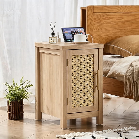 Buildhom Narrow Rattan Nightstand with Charger, Boho Bedside with Woven Door & Adjustable Shelf for Living Room Bedroom, Natural